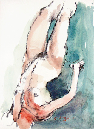 Akt kopfüber, Kohle-Gouache, 41x29,7cm, 2008