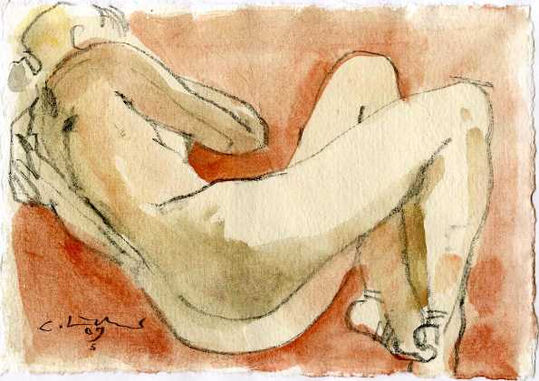 Liegender Akt, Grafit/Aquarell, 15x21 cm, 2009